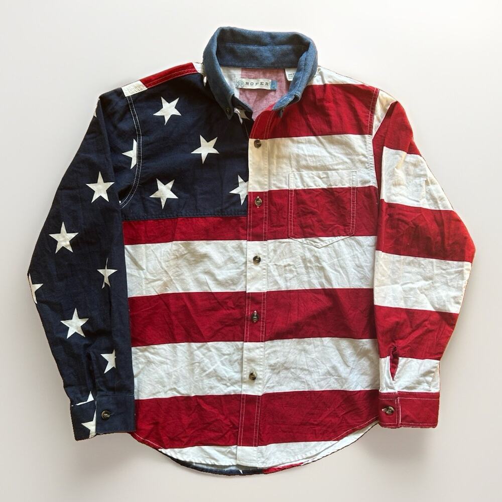 Roper American Flag Button Down Shirt Boy's Size Large (12-14) USA Western